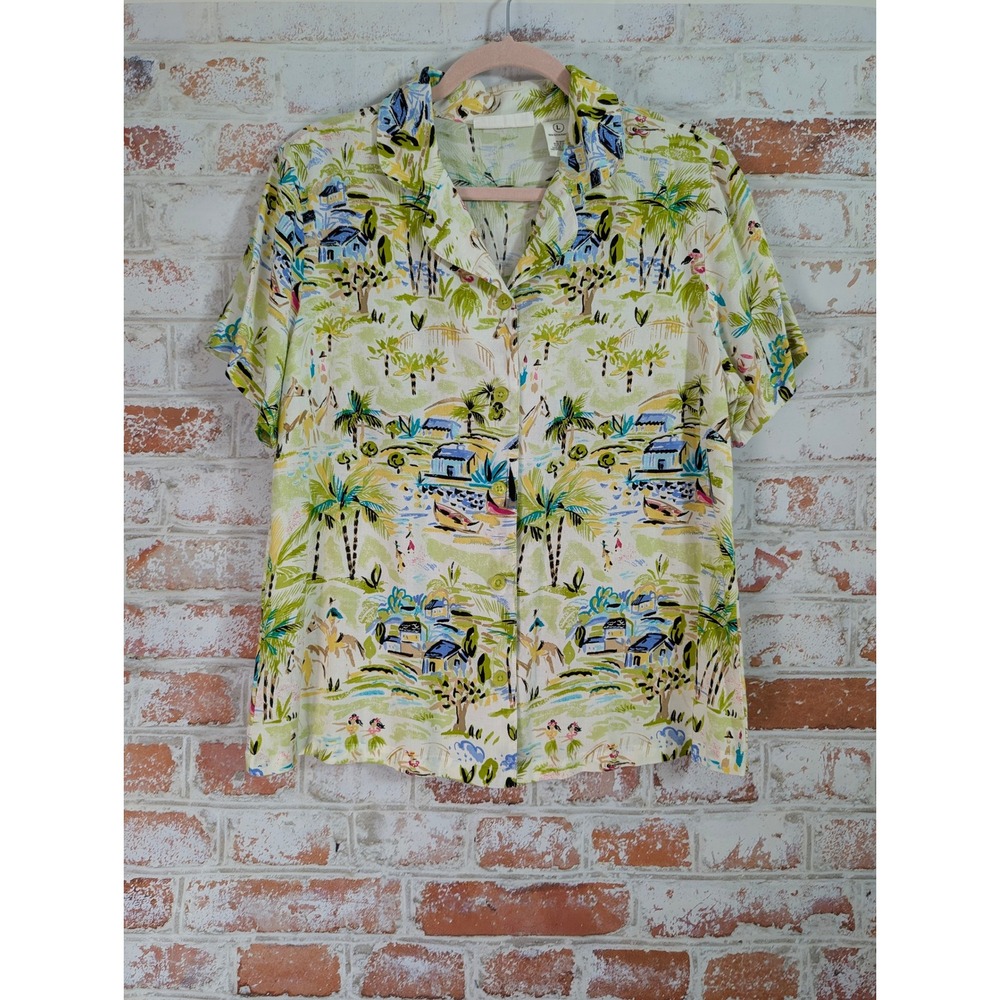 Weekend Clothes Line Hawaiian Shirt Women L Green Tropical Rayon Aloha Blouse